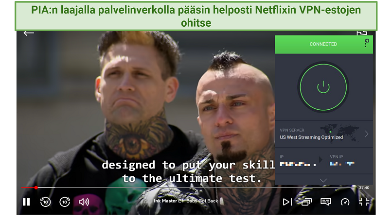 Screenshot showing Ink Master streaming on Netflix US with PIA connected