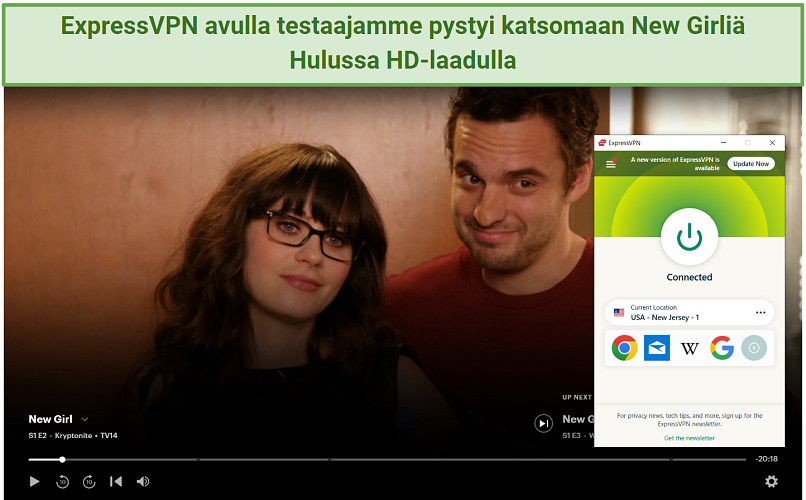 Screenshot of New Girl streaming on Hulu with ExpressVPN connected