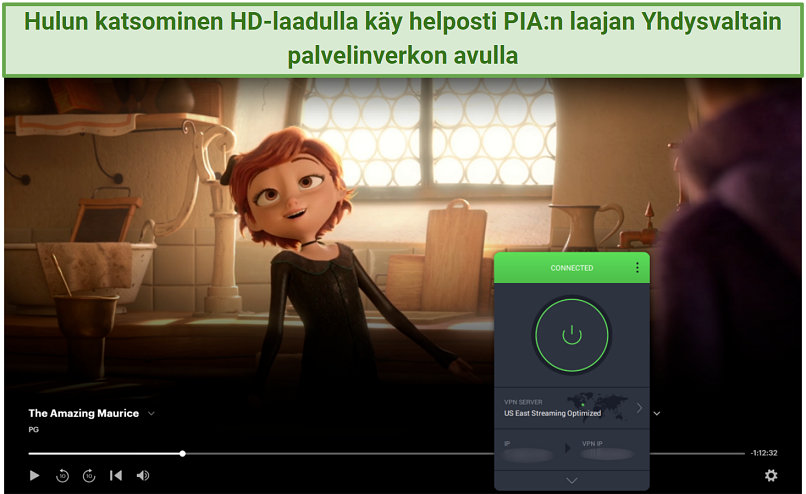 Screenshot of The Amazing Maurice streaming on Hulu with PIA connected