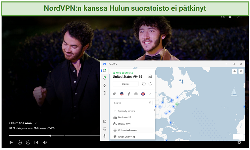 Screenshot of NordVPN unblocking Hulu