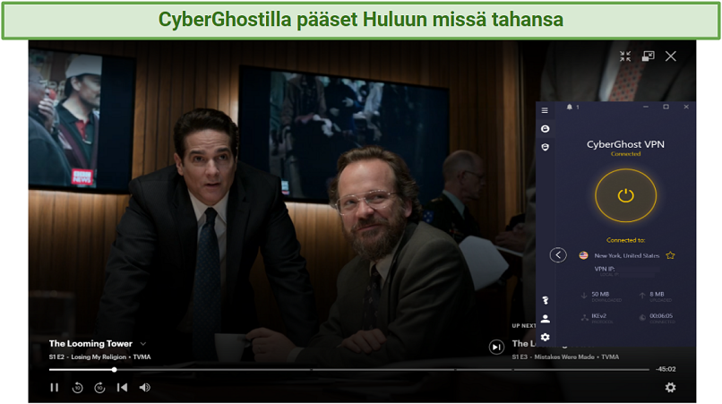 screenshot showing The Looming Tower streaming on Hulu with CyberGhost connected