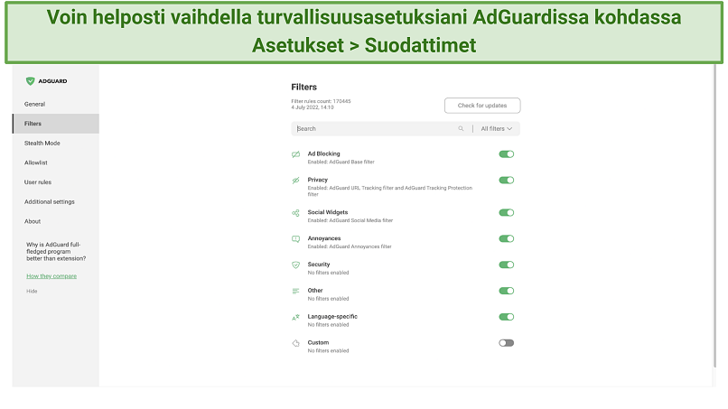 Kuvakaappaus, jossa näkyy, kuinka vaihtaa suodattimia AdGuardissa