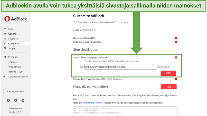 Näyttökuva, jossa näytetään miten sivustoja valkolistataan Adblockin asetuspaneelissa