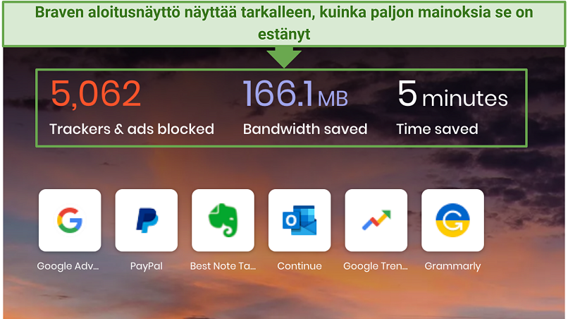 Näyttökuva Brave-selaimen kotisivusta, jossa kerrotaan kuinka monta mainosta Brave on estänyt