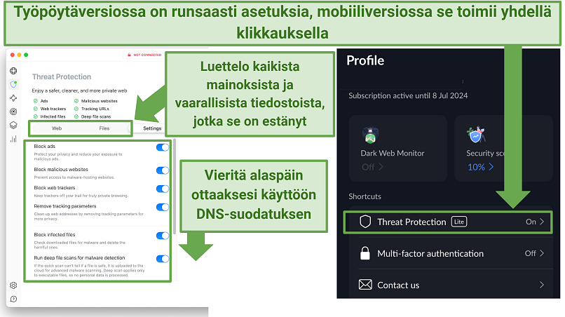 Kuvakaappaus näyttää NordVPN:n Threat Protection Mainosteneston pöytäkoneella ja mobiililaitteilla