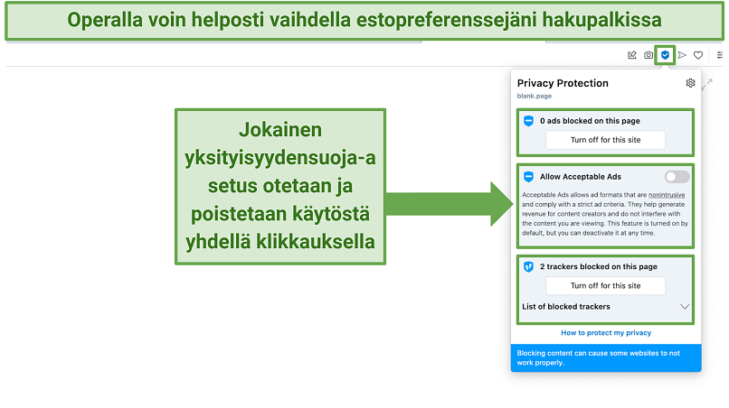 Kuvankaappaus näyttää, miten voit vaihtaa yksityisyydensuoja-asetuksiasi Opera-selaimessa