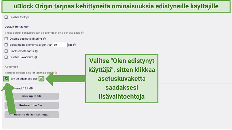 Kuvankaappaus näyttää uBlock Originin edistyneet ominaisuudet