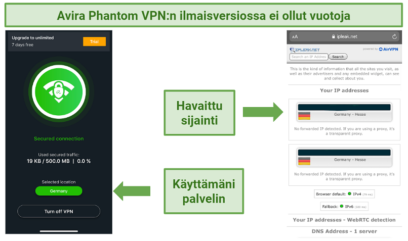 Screenshot of Avira Phantom VPN's iOS app