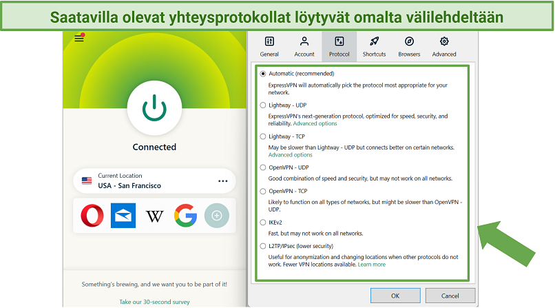 Screenshot showing protocols tab in ExpressVPN app for Windows