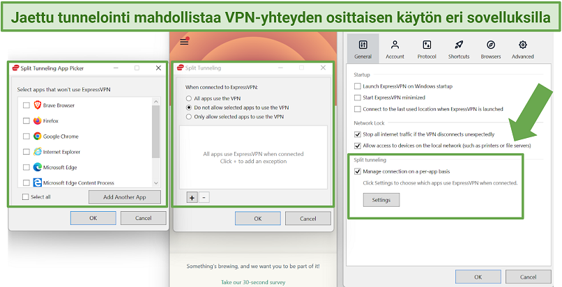 Screenshot of ExpressVPN split tunneling features on Android and Windows apps