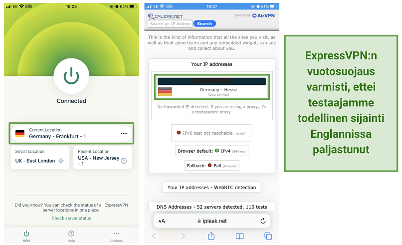 Screenshot of ExpressVPN leak tests connected to German server