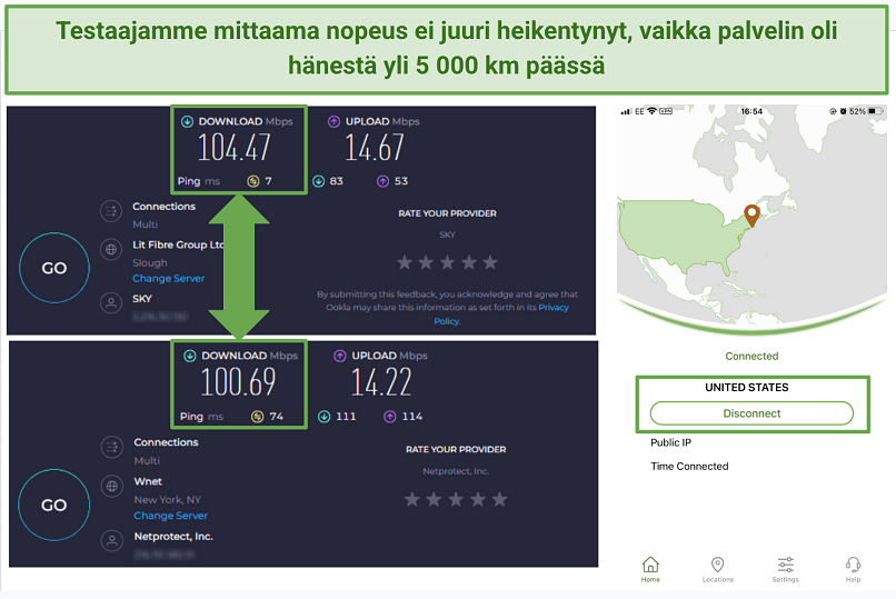 Screenshot of IPVanish's speed tests on long-distance servers in New York