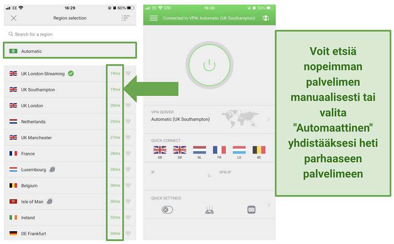 Screenshot of PIA's iOS app showing the latency of each server