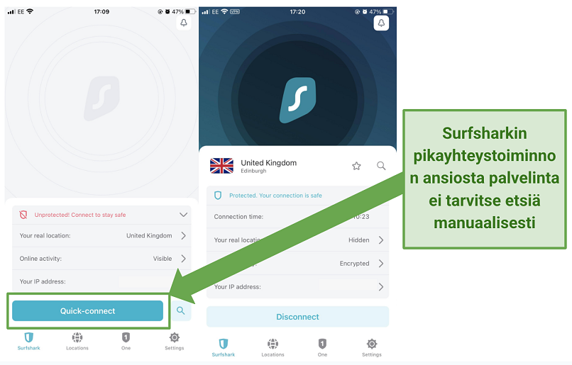 Screenshot of Surfshark's iOS app highlighting the Quick-connect feature