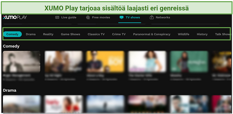 A screenshot showing how titles are categorized on XUMO Play's dashboard