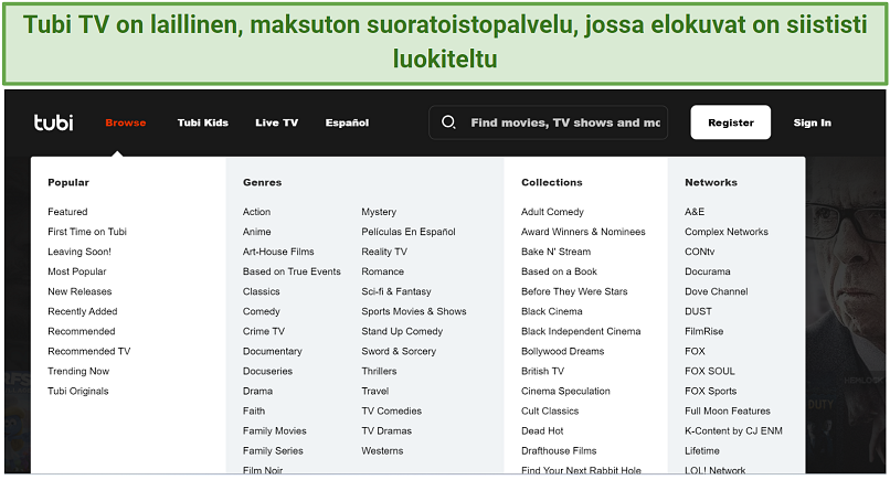 A screenshot of Tubi TV's homepage showing the content genres and collections you can browse through on its Browse tab