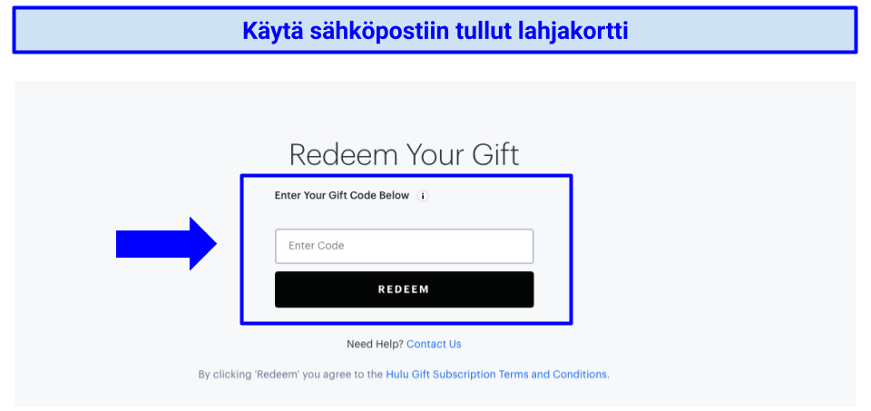 Image of Hulu gift card redeem page