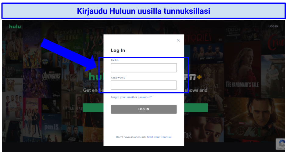 Screenshot of Hulu log in web page