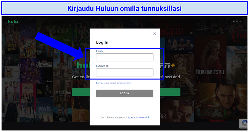 A screenshot of the Hulu website and account login box