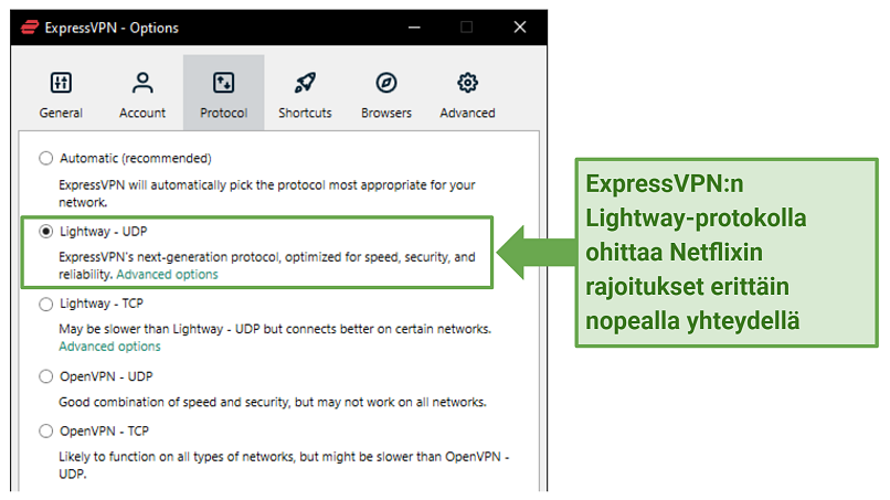 Screenshot of ExpressVPN's available protocols