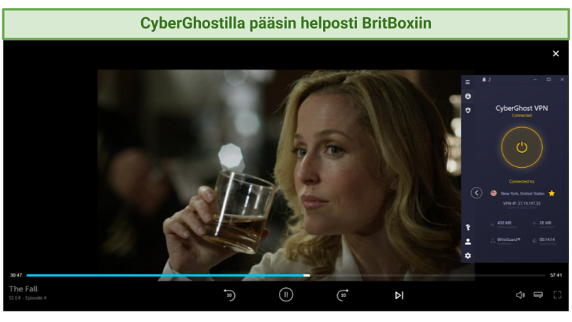 graphic showing The Fall streaming on BritBox using CyberGhost