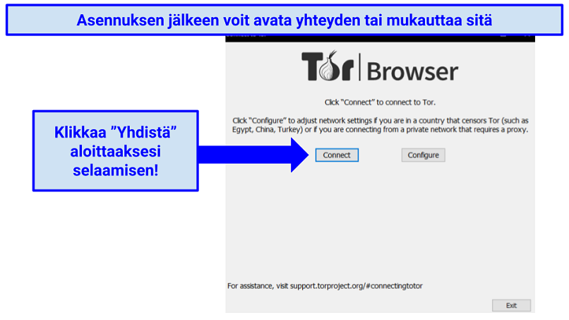 Screenshot of the Tor browser already installed, prompting the user to either connect or configure as the next step