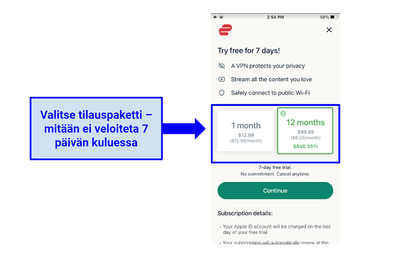 ExpressVPN's iPhone app prompting user to choose a plan to activate 7-day free trial