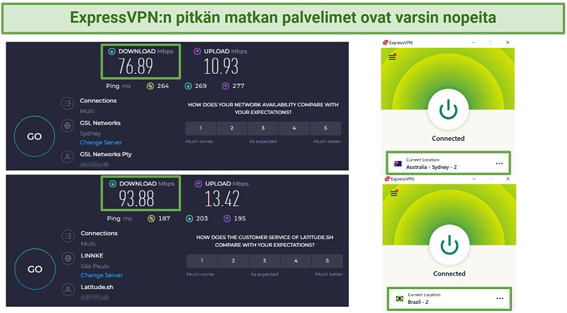 Screenshot of Ookla speed tests done with no VPN connected and while connected to ExpressVPN's Brazil 2 server