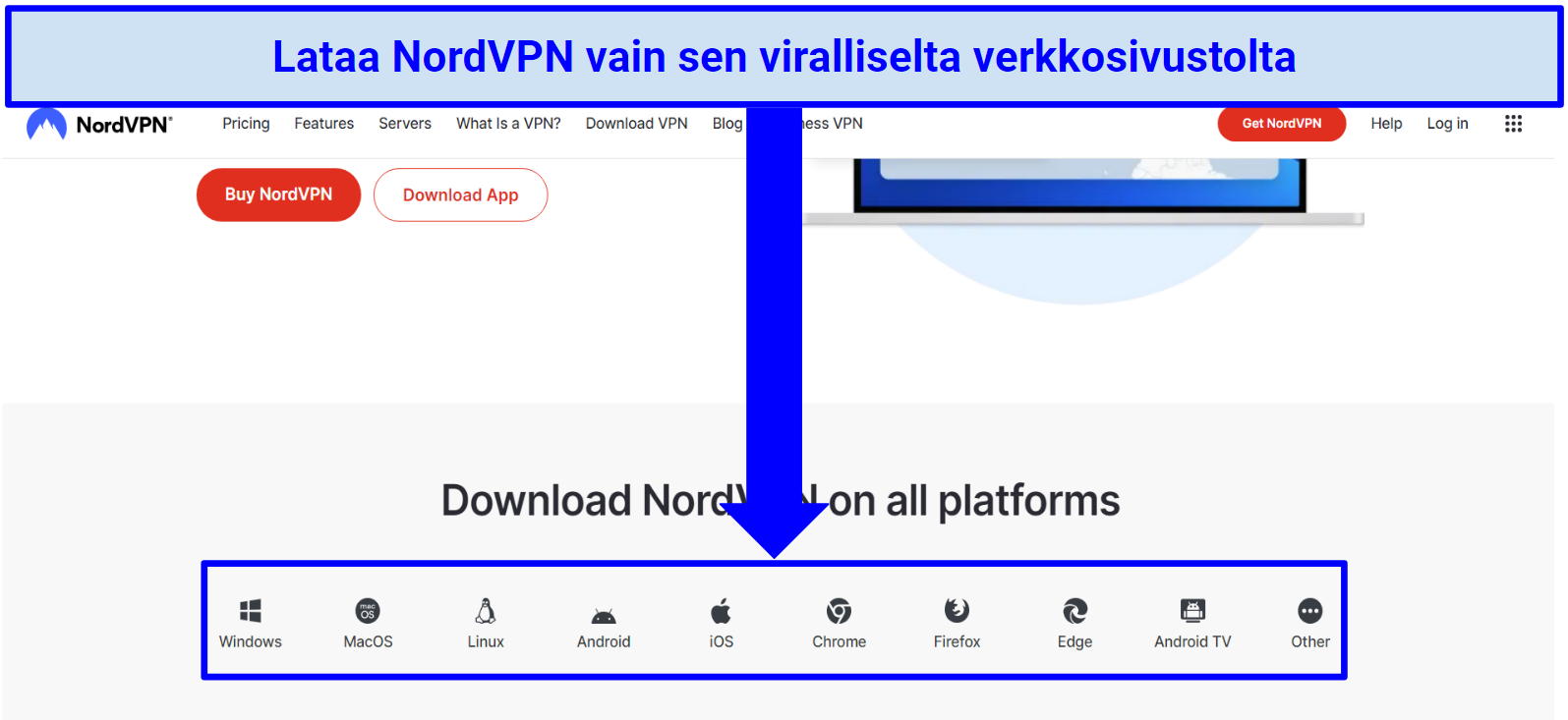 A screenshot showing how to download NordVPN on its website