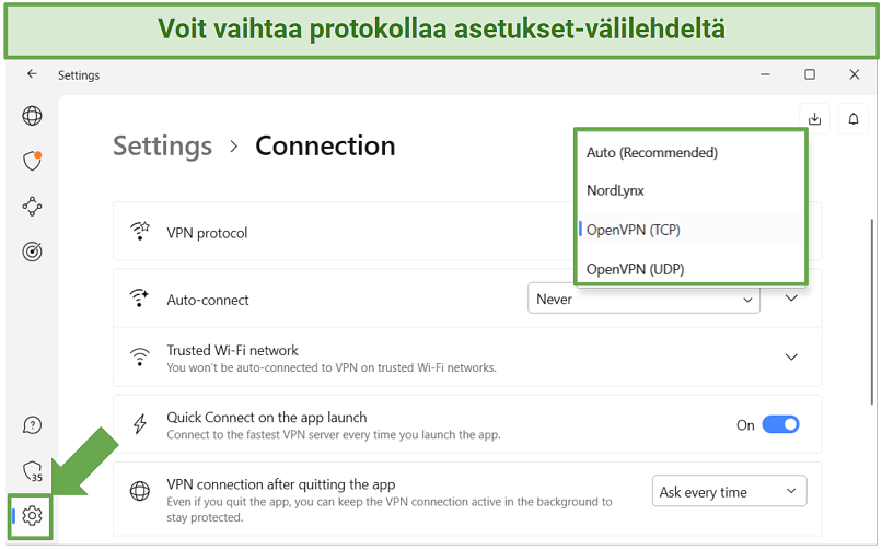 Screenshot of NordVPN's security protocols in the app