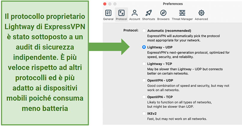 Screenshot of ExpressVPN protocols