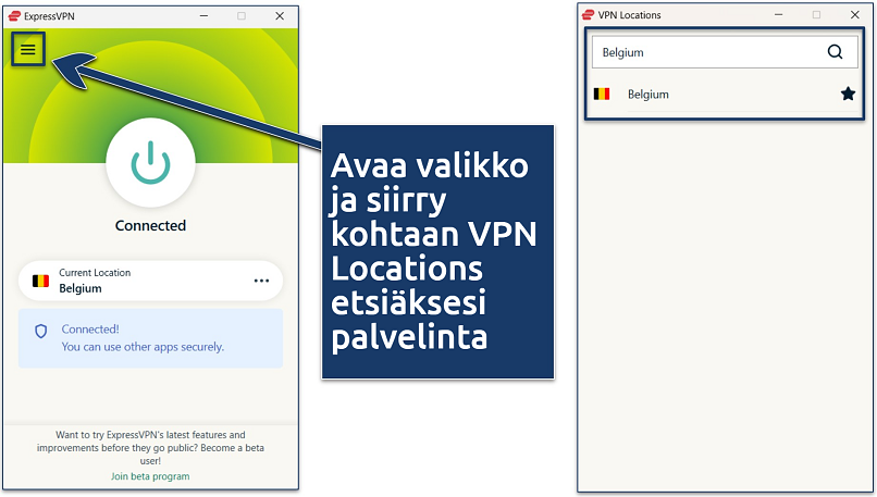 Kuvakaappaus ExpressVPN Windows-sovelluksesta, jossa on aktiivinen yhteys Belgian palvelimeen