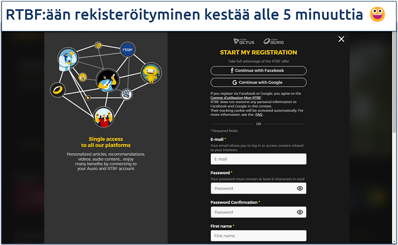 Kuvakaappaus RTBF:n rekisteröitymissivusta