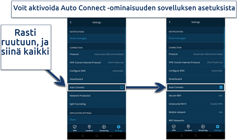 Screenshot showing how to enable Auto Connection on hide.me's Android app