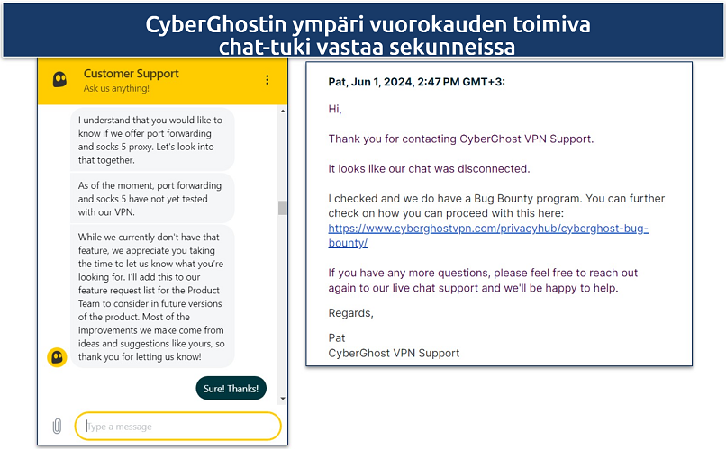 Screenshot of a chat with CyberGhost's customer support