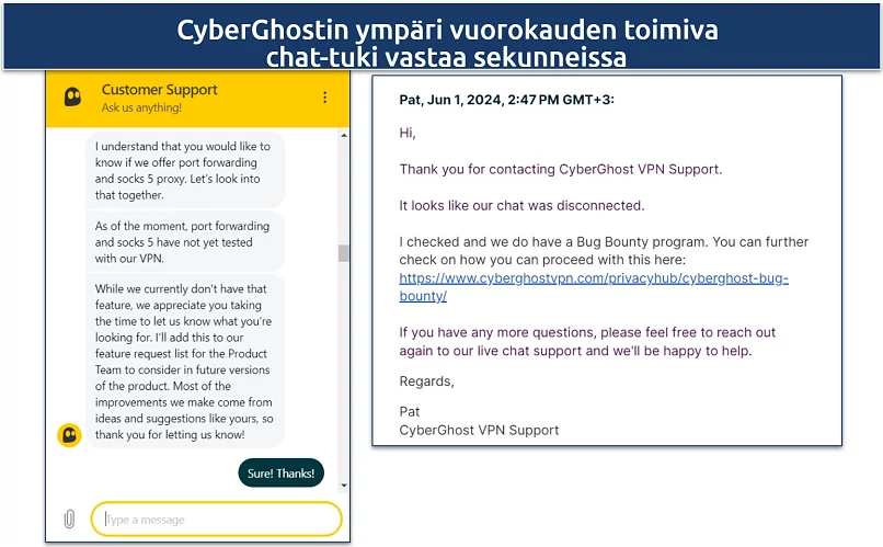 Screenshot of a chat with CyberGhost's customer support