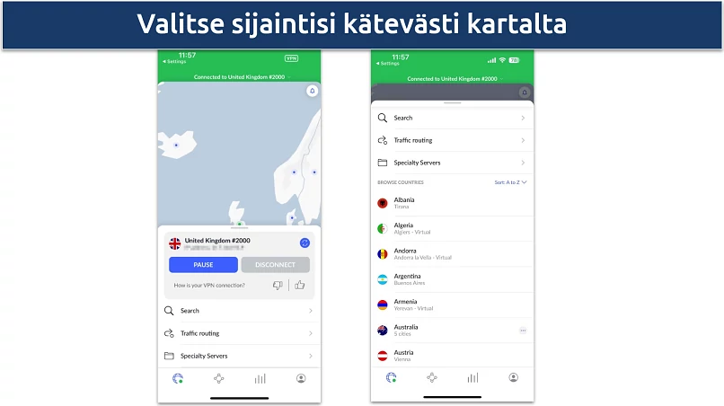 Screenshot of NordVPN's iOS app showing connection and server list