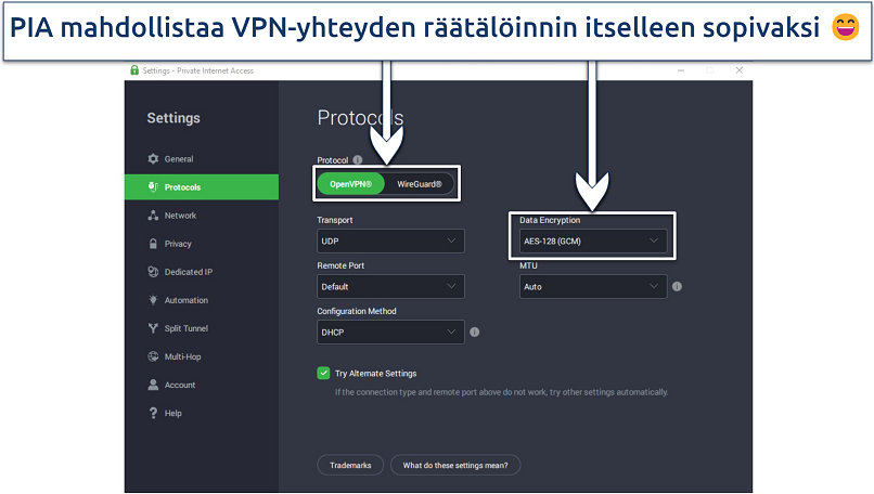 Screenshot of PIA's Windows app highlighting the protocol and encryption options