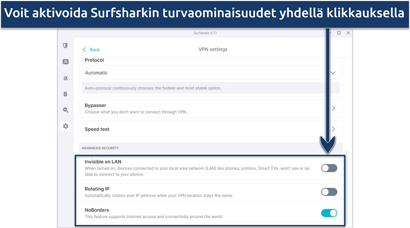 Screenshot of Surfshark's Windows app highlighting advanced security features