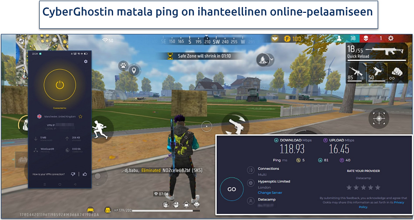 Screenshot of Free Fire gameplay with CyberGhost connected