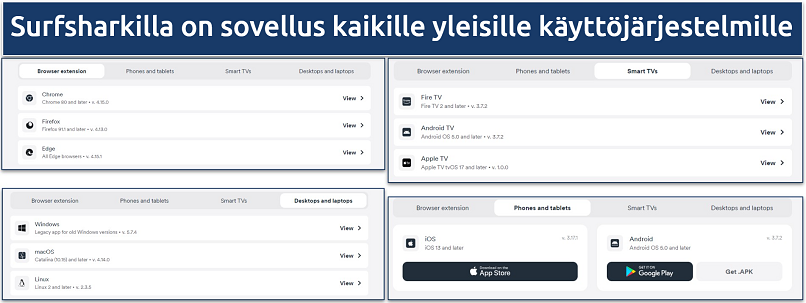 Screenshot showing all of Surfshark's available apps on its website's download page