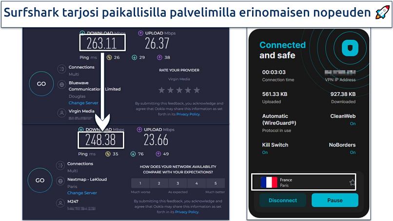 Screenshot of speed test results when connected to Surfshark's Paris, France server