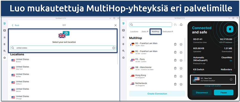 Screenshot of Surfshark's Windows app showing the MultiHop server set up and connection