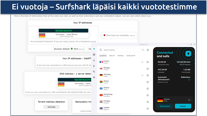 Screenshot of leak test results on Surfshark's German server
