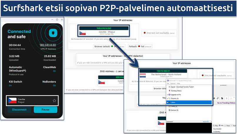 Screenshot of Surfshark automatically connecting to P2P server when opened BitTorrent app