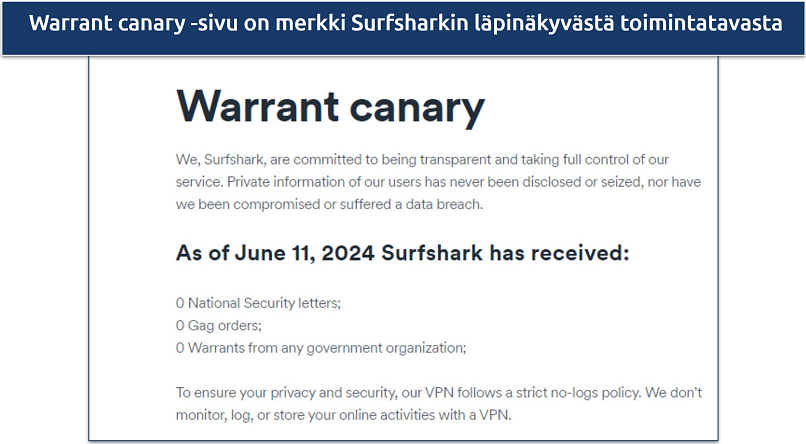 Screenshot of Surfshark's Warrant Canary showing no requests for user data