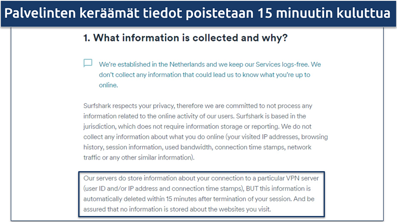 Screenshot of Surfshark's privacy policy highlighting their data collection