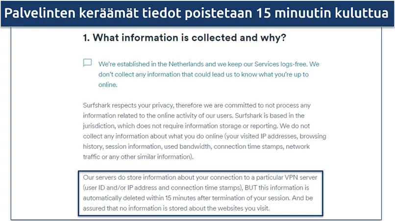 Screenshot of Surfshark's privacy policy highlighting their data collection