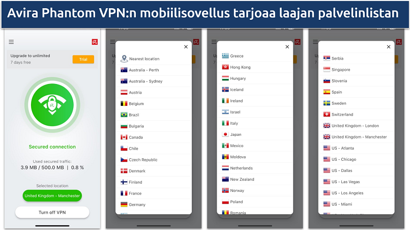 Screenshot of Avira Phantom VPN mobile iOS app showing server network