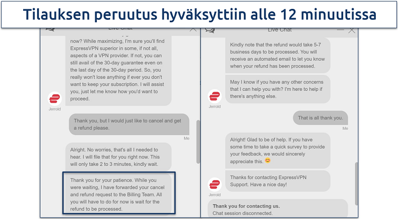 Screenshot of a conversation with ExpressVPN customer support where they approved our cancellation and refund